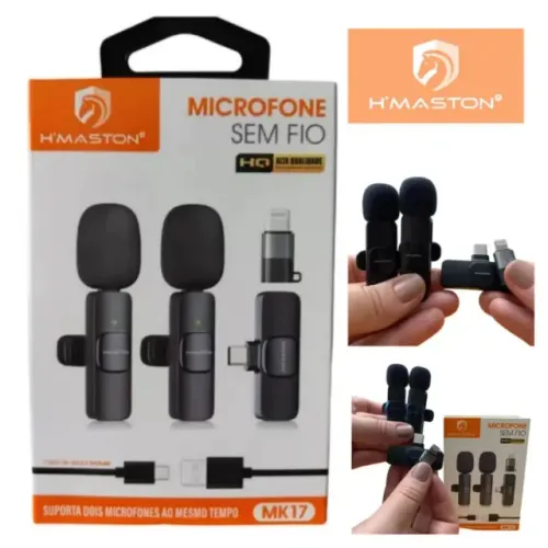 Microfone de Lapela Sem Fio Duplo Tipo-C e iPhone Lighting H'maston MK17