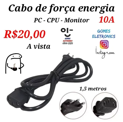 Cabo de força energia tripolar 1,5m para Fonte Monitor Pc - R$20,00