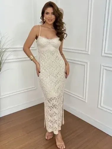Vestido Tricot Forrado Verão Midi Tricô Crochê