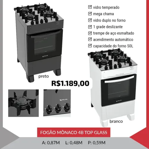 Fogão Mônaco 4 bocas mesa de vidro - Novo