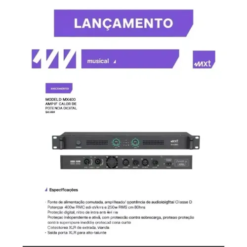 Amplificador Potência Digital para Áudio MX400 com 2 Canais e Entrada XLR com 400W RMS