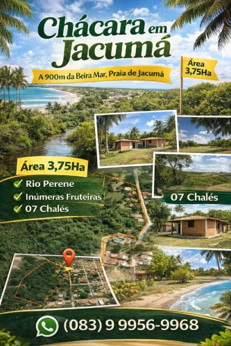 Granja em Jacumã/PB-3,75ha, Rio Perene, 07 Bangalôs a 990m da Praia