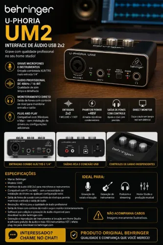 Interface de Áudio Behringer U-Phoria UM2 - Excelente Estado