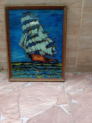 Quadro Vintage Caravela / Barco a Vela com Moldura de Madeira (39 x 49 cm)