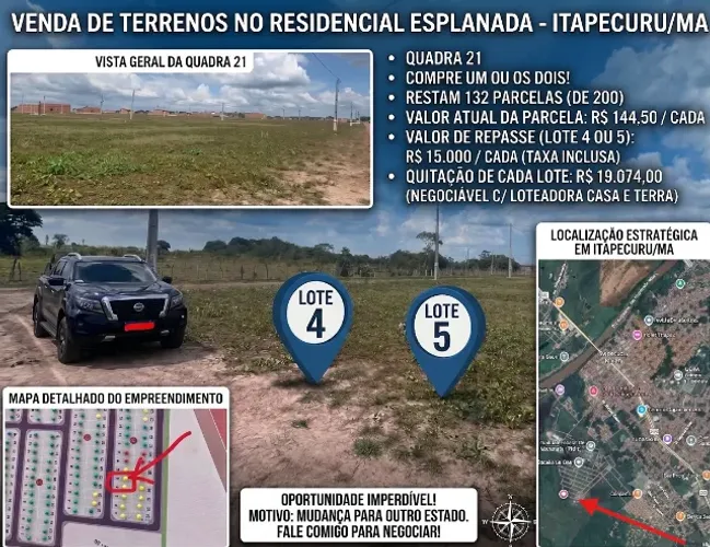 Lotes 10x20 (200m²) em Residencial Esplanada, Itapecuru Mirim