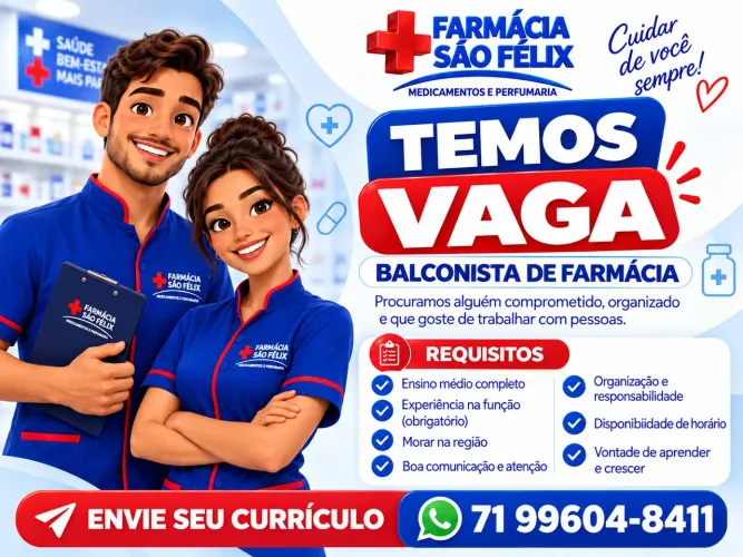 Vaga para Balconista de Farmácia com Experiencia