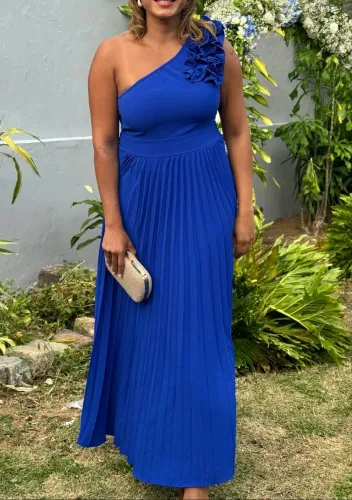 Vestido de Festa Azul Royal Plissado - Modelo Elegante 