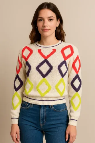 Tricot Losango Gelo com Detalhes Coloridos Tam M Novo