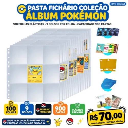 Pasta Fichário Coleção Álbum Pokemon 100 Folhas Plásticas