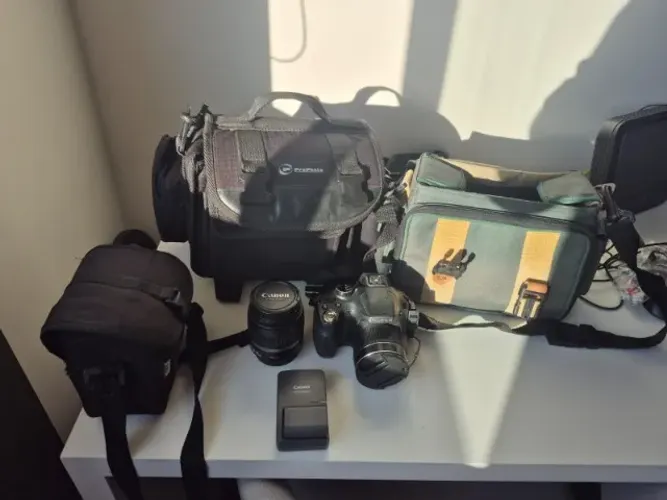 Kit completo fotografia, três bags para câmera, lente cannon 18-55mm, bateria e carregador