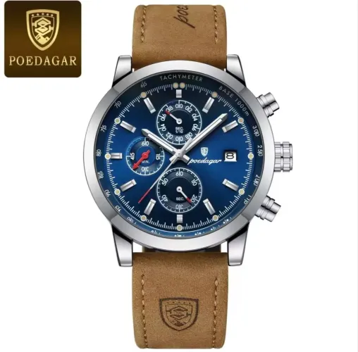 Relógio de Luxo Premium Poedagar Silver BLUE 932 Cronógrafo Pulseira couro Caramelo Lindo