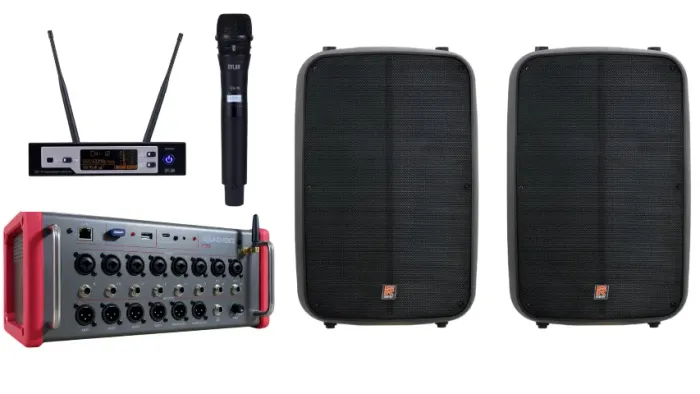 Kit Som Profissional - 2 Caixas Ativas Staner SR315M + Mesa de Som Digital Soundvoice