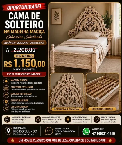 Cama de solteiro em madeira maciça