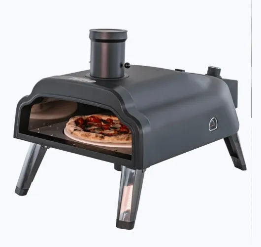 Forno pizza nino gás ou pellet com pedra giratória, chaminé e capa protetora (atinge 500°)