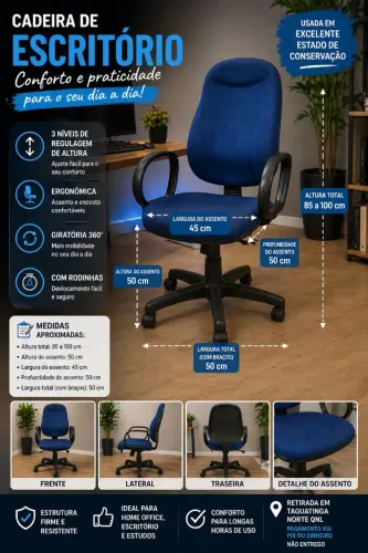 CADEIRA DE ESCRITÓRIO AZUL COM BRAÇO - ERGONÔMICA, GIRATÓRIA E COM REGULAGEM DE ALTURA