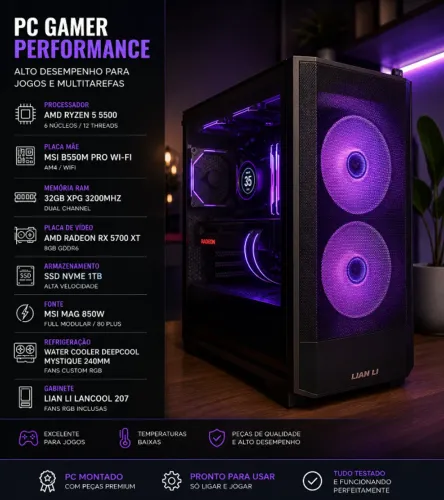 PC Gamer Premium Lian Li | Ryzen 5 5500 | RX 5700 XT | 32GB RAM | RGB