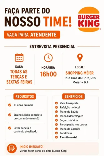 Vagas de atendente em rede de fast food
