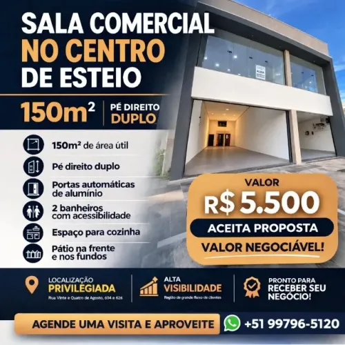 Sala Comercial Ampla 150m² no Centro de Esteio | Pé Direito Duplo + Pátio