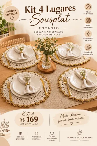 Kit 4 Sousplats de Crochê 40cm Fio 8 | Estruturado com Acabamento Dourado
