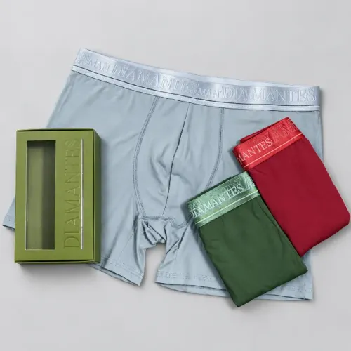 Kit 3 Cuecas Boxer Originais Diamantes | Cinza, Verde e Vermelho | Pronta Entrega