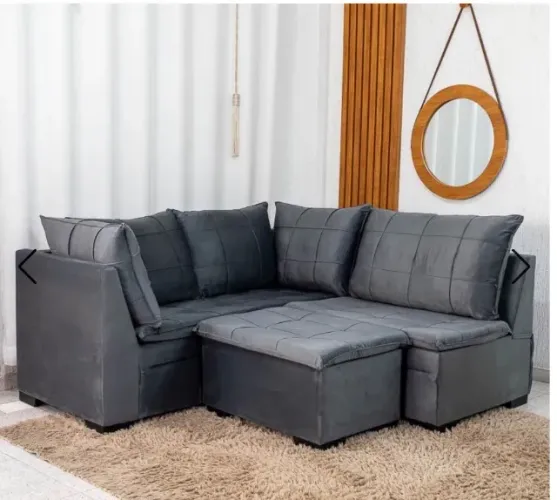 Sofá de Canto Viena 5 Lugares com Puff Veludo Grafite