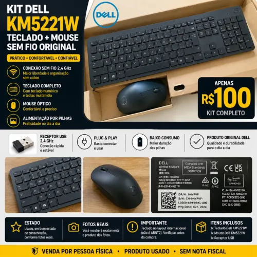 Kit Dell KM5221W Teclado + Mouse Sem Fio Original