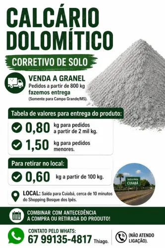 CORRETIVO DE SOLO/CALCÁRIO DOLOMÍTICO. FAZEMOS ENTREGA!!! LEIAM TODA A DESCRIÇÃO ABAIXO