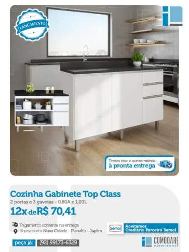 Gabinete de Cozinha Top Class 2 Portas e 3 Gavetas | Balcão Multiuso | Pronta Entrega