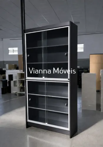 Estante Prateleiras MDF Preto com Portas de Vidro - Direto da Fábrica