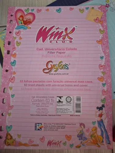 Refil para fichario universitario a4 winx anos 2000