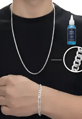 Kit Corrente banhada a Prata Masculino 925 Legítima 60cm + Pulseira