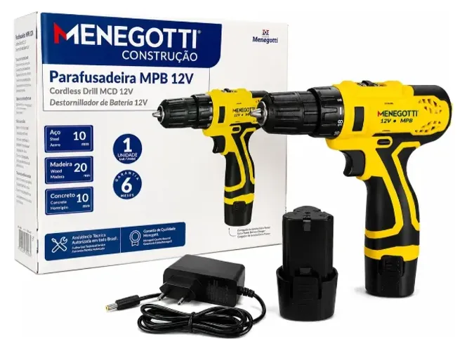 Parafusadeira a Bateria Mandril 10mm 12V Lítio 1,3ah Menegotti