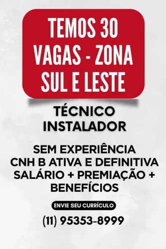 INSTALADOR MASCULINO E FEMININO SEM EXPERIENCIA