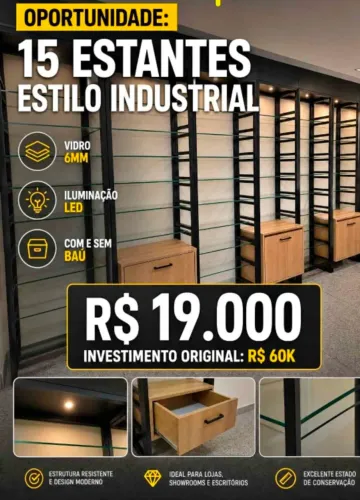 15 Estantes Estilo Industrial com Vidro e LED - Perfeitas para sua Loja!