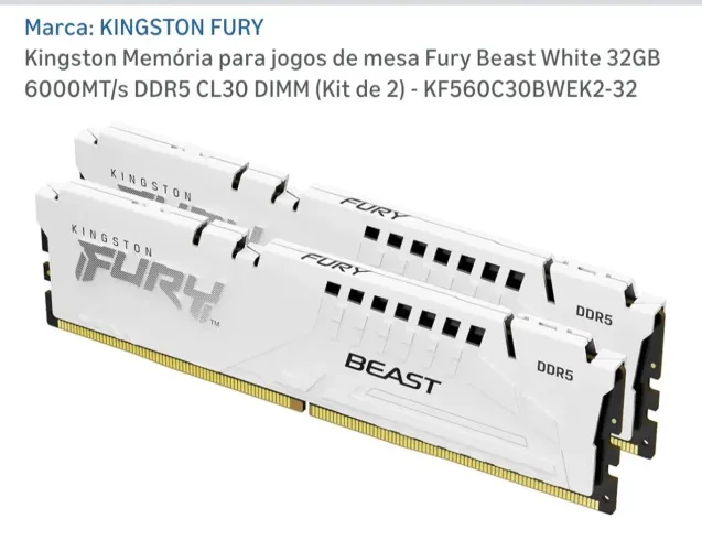 Memória RAM Kingston Fury Beast White DDR5 32GB (2x16GB) 6000MHz CL30 - Branca