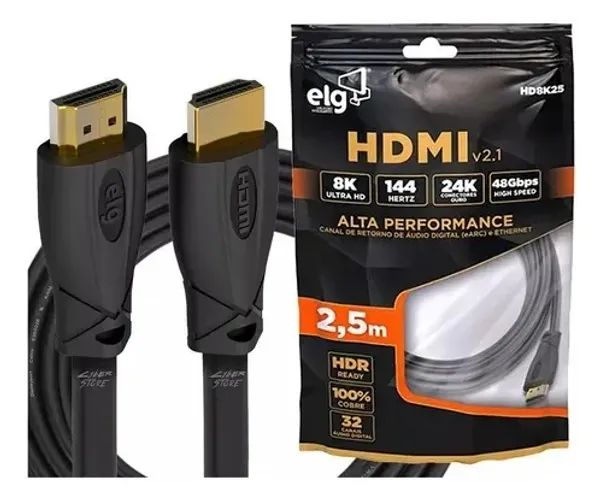 Cabo Hdmi 2.1 8k 144hz Ultrahd Elg 1,5 e 2,5 Metros *ENTREGA GRÁTIS*