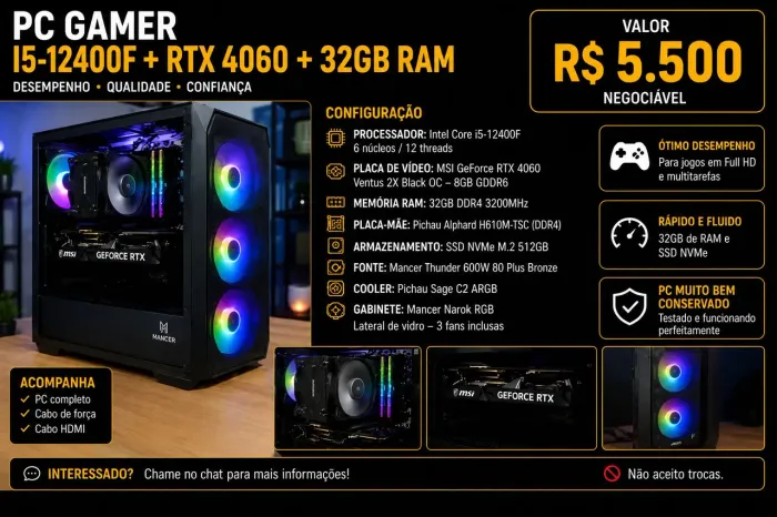 PC Gamer i5-12400F + RTX 4060 + 32GB RAM | 512gb NVMe | Completo