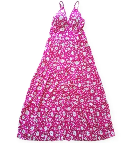 Vestido Longo Estampado Floral Rosa e Branco - Tamanho M