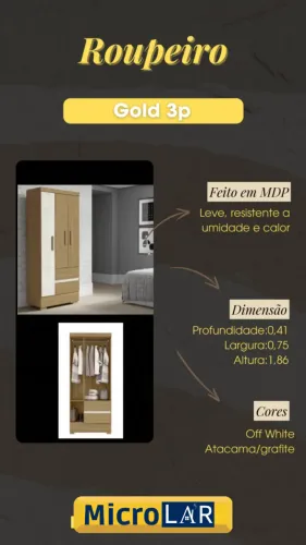 Roupeiro Golden 3 Portas - Entrega e Monta na Hora