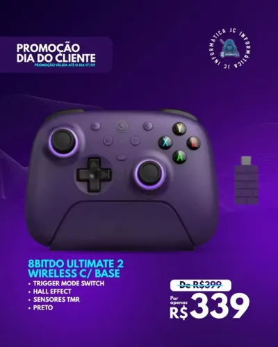 PROMOÇÃO DIA DO CLIENTE VÁLIDO ATÉ O DIA 17/09 CONTROLE 8BITDO ULTIMATE 2 WIRELESS C/BASE