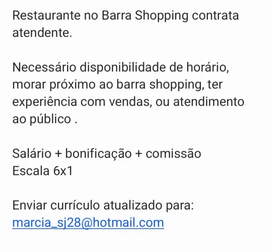 Restaurante no Barra Shopping contrata atendente