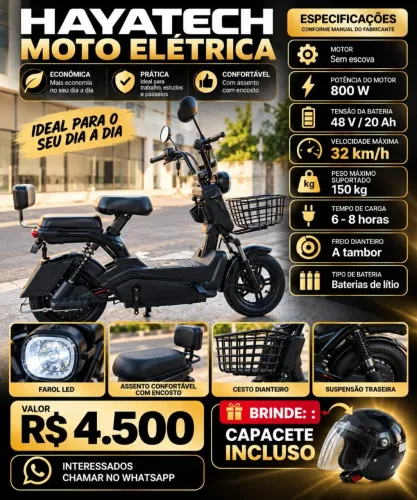Moto Elétrica Hayatech 800W 48V 20Ah + Capacete | R$ 4.500