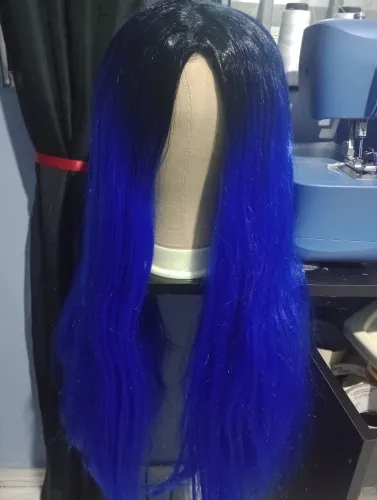 Peruca azul com raiz preta longa (cosplay)