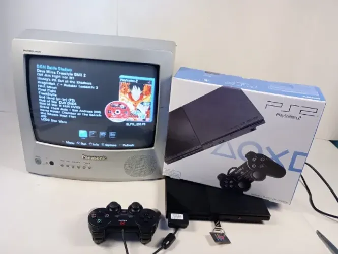 PlayStation 2 PS2 Slim Desbloqueado + 59 Jogos + 1 Controle + Cabos (Pronto para Jogar