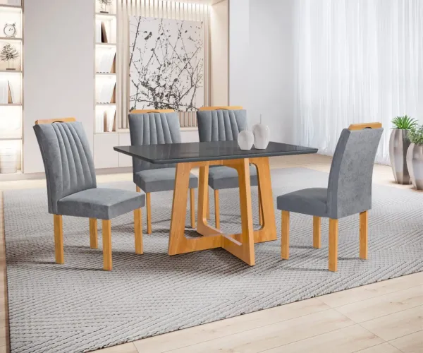 Mesa de Jantar Dubai com 04 Cadeiras - 100% MDF com Vidro Laqueado