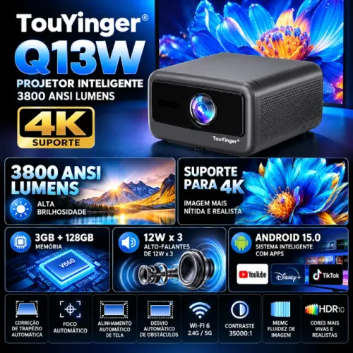 Projetor TouYinger Q13W Android 15.0 4K Suporte 3800 ANSI Lúmens Chip Memc HDR Até 300 pol