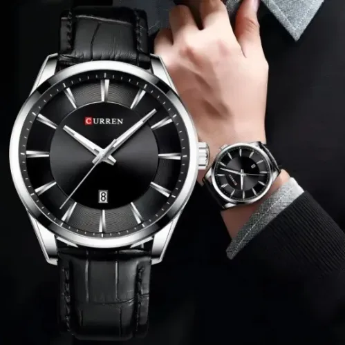 Relógio Curren Pulseira De Couro Social Masculino Correia Preto/Bisel do Cor Prata