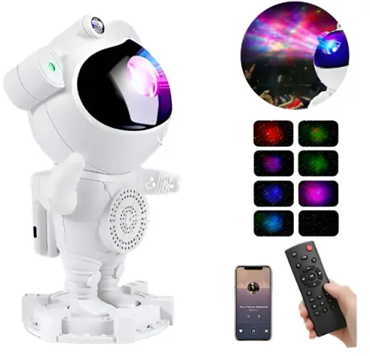 Luminária Projetor Noturno Robô Astronauta Bluetooth Som Branco 127/220vLuminária Projetor