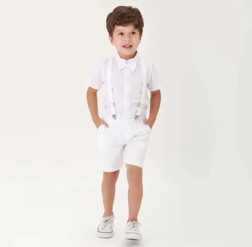 Conjunto infantil branco batismo casamento suspensório e gravatinha