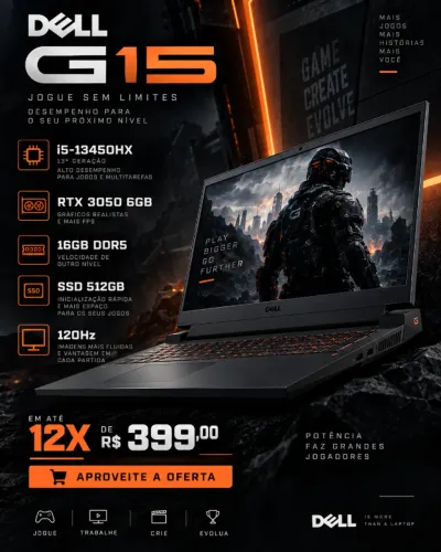 Dell G15 i5-13450HX RTX 3050 6GB 16GB DDR5 SSD 512GB 120Hz - 12x R$ 399,00